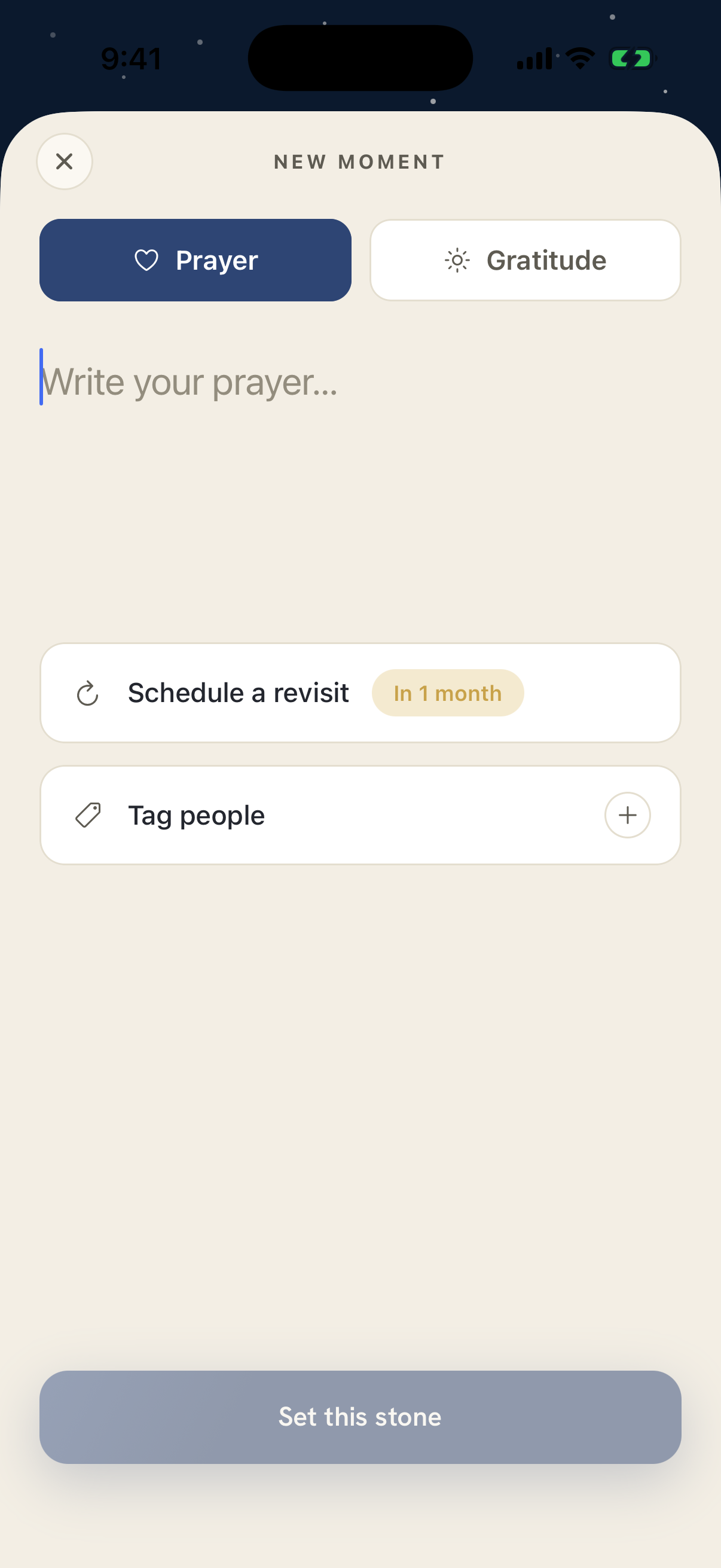 New Moment — a prayer/gratitude toggle, a text field, options to schedule a revisit and tag people, and ‘Set this stone.’