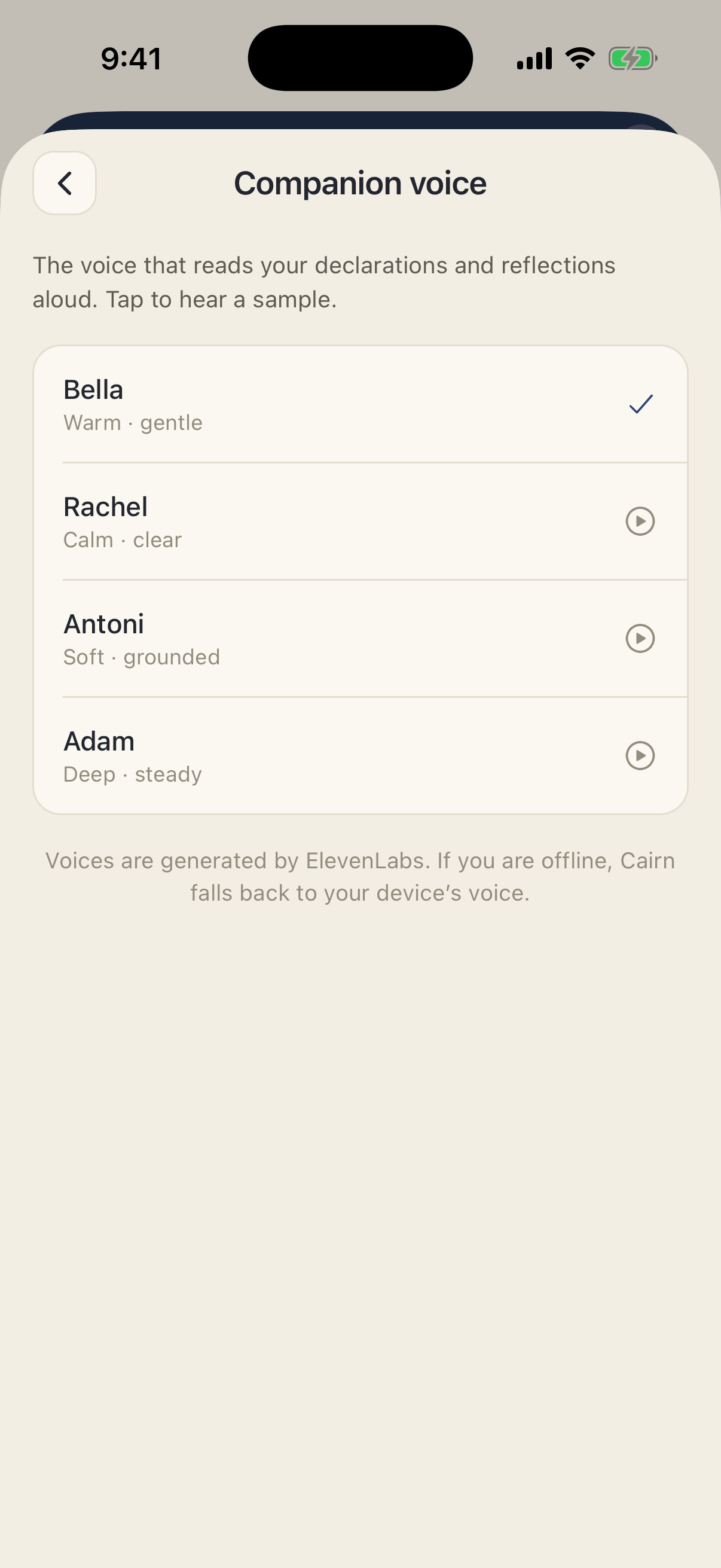 Companion voice — a picker of natural voices (Bella, Rachel, Antoni, Adam) for spoken declarations and reflections.