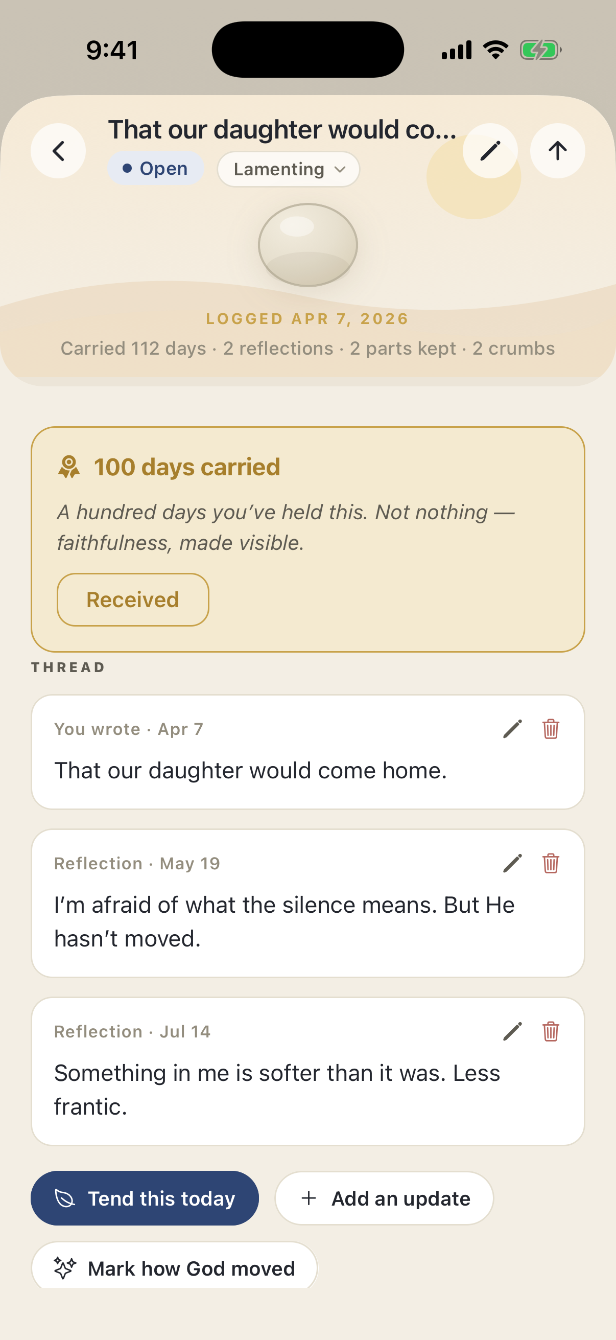 A carried prayer — ‘Carried 112 days · 2 reflections · 2 parts kept · 2 crumbs,’ with a gold ‘100 days carried’ milestone card and a thread of reflections.