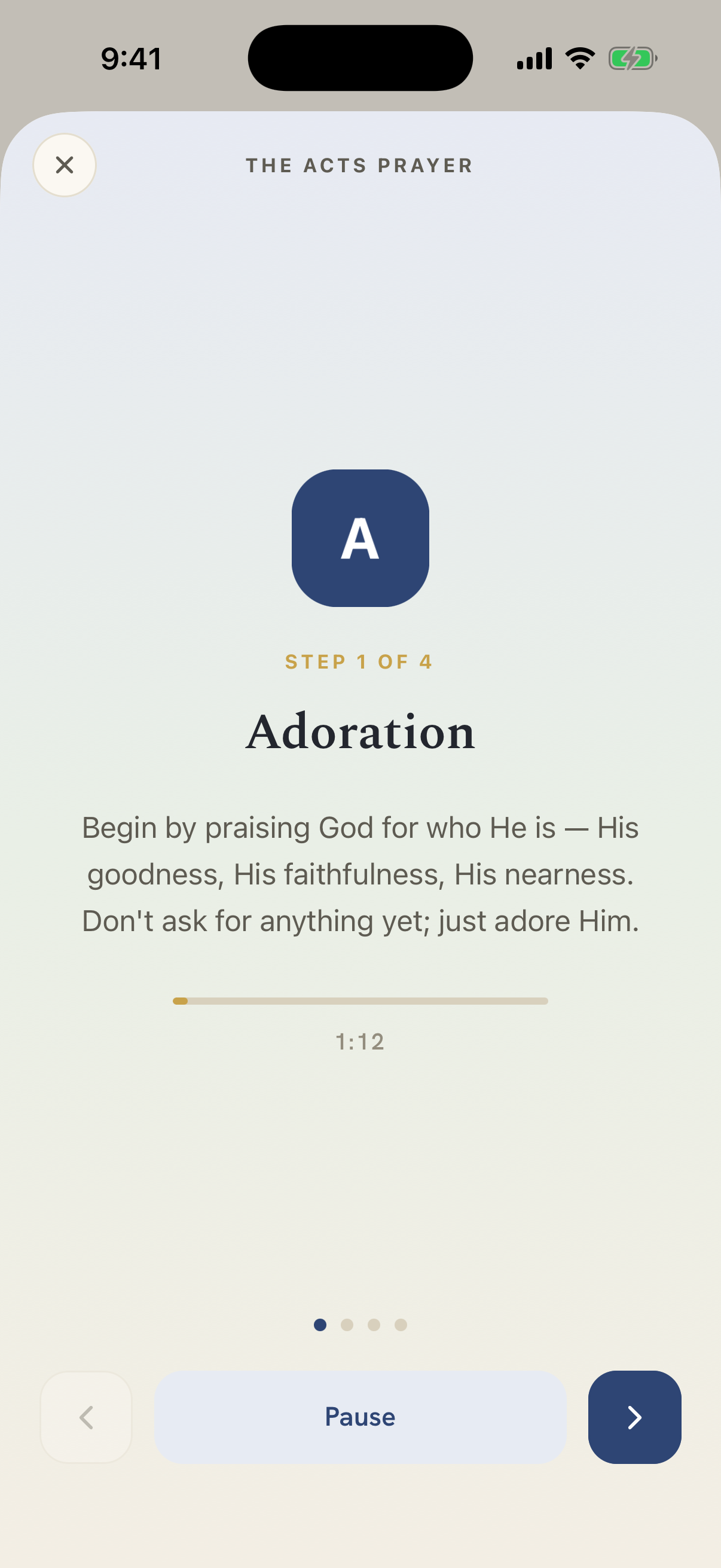 Guided Prayer — Step 1 of 4, Adoration, with a progress bar and spoken audio.