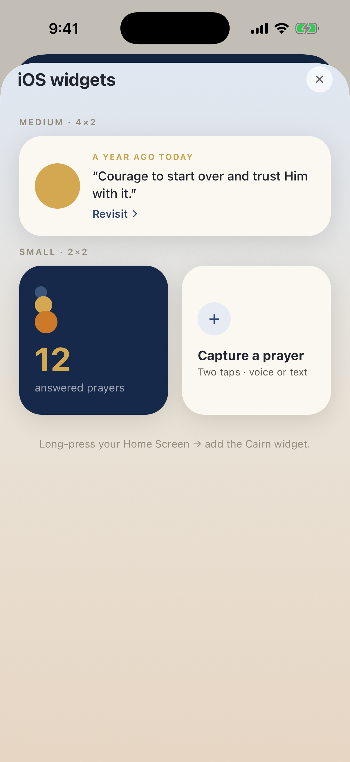 iOS widgets — a medium ‘A year ago today’ widget and a small ‘12 answered prayers’ widget with one-tap capture.
