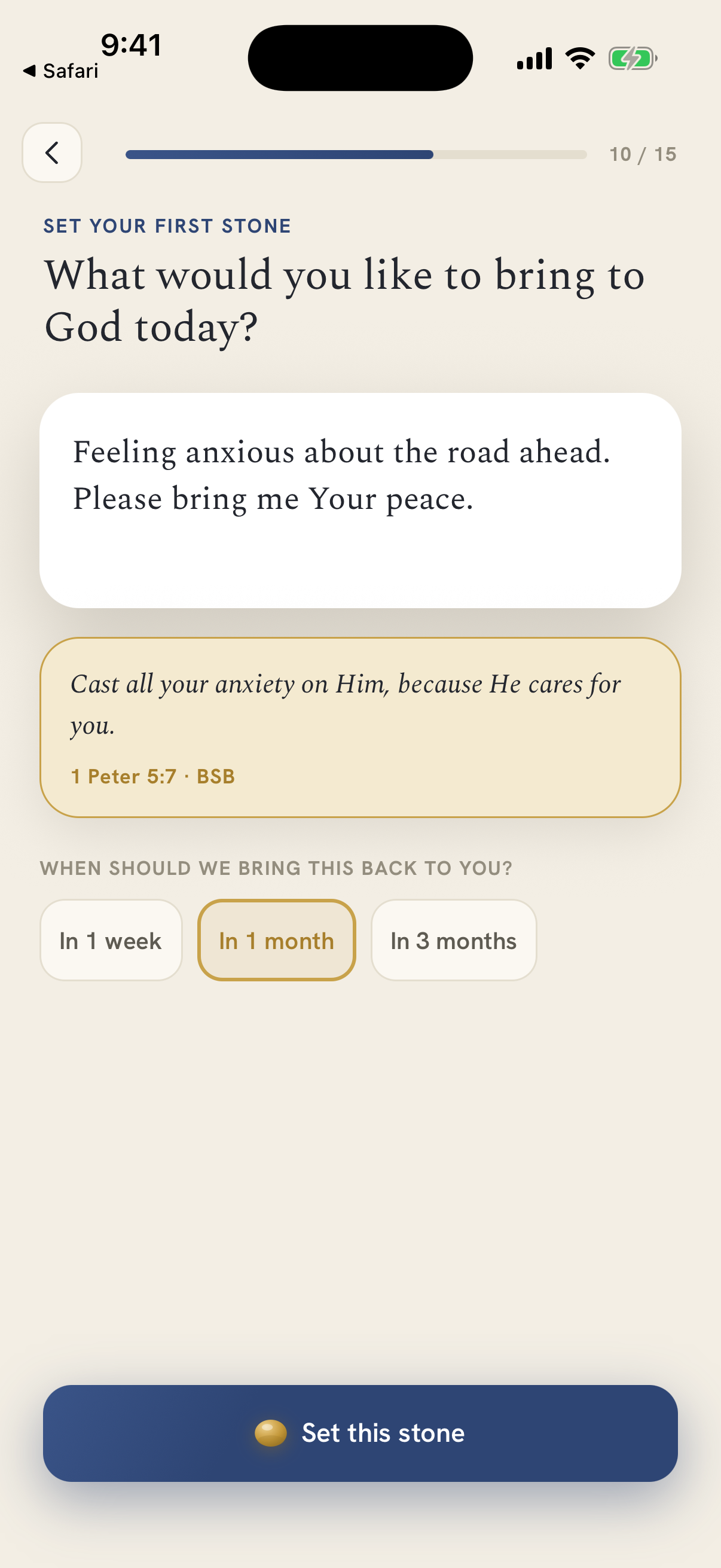 Onboarding — ‘What would you like to bring to God today?’ with a typed prayer and a matched verse, 1 Peter 5:7, before any sign-up.