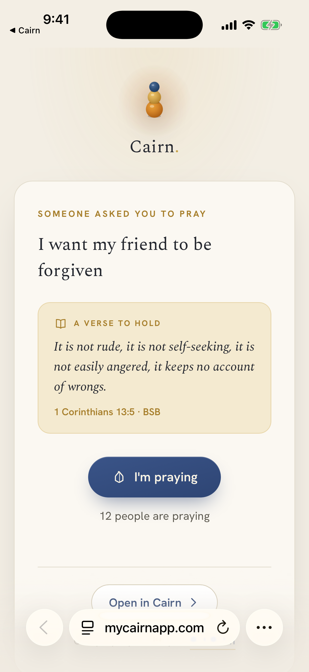 Pray with me — a shareable card at mycairnapp.com with a prayer, a verse to hold, an ‘I'm praying’ button, and ‘12 people are praying.’