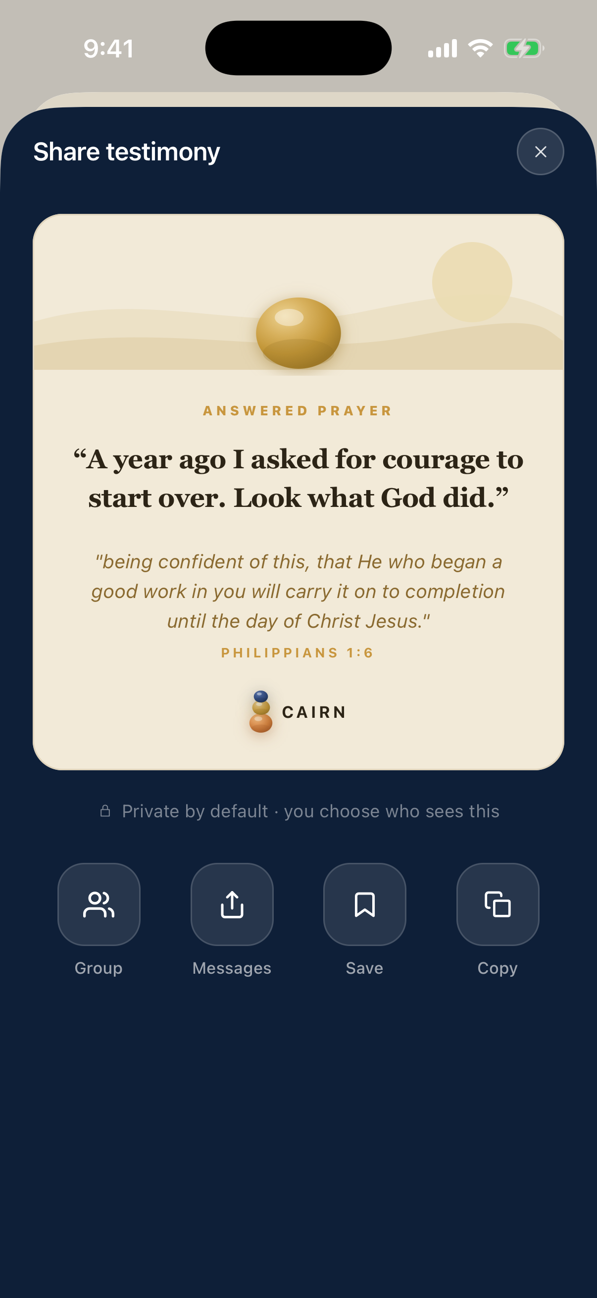 Share testimony — a dawn-toned share card of an answered prayer with Scripture and the Cairn mark.