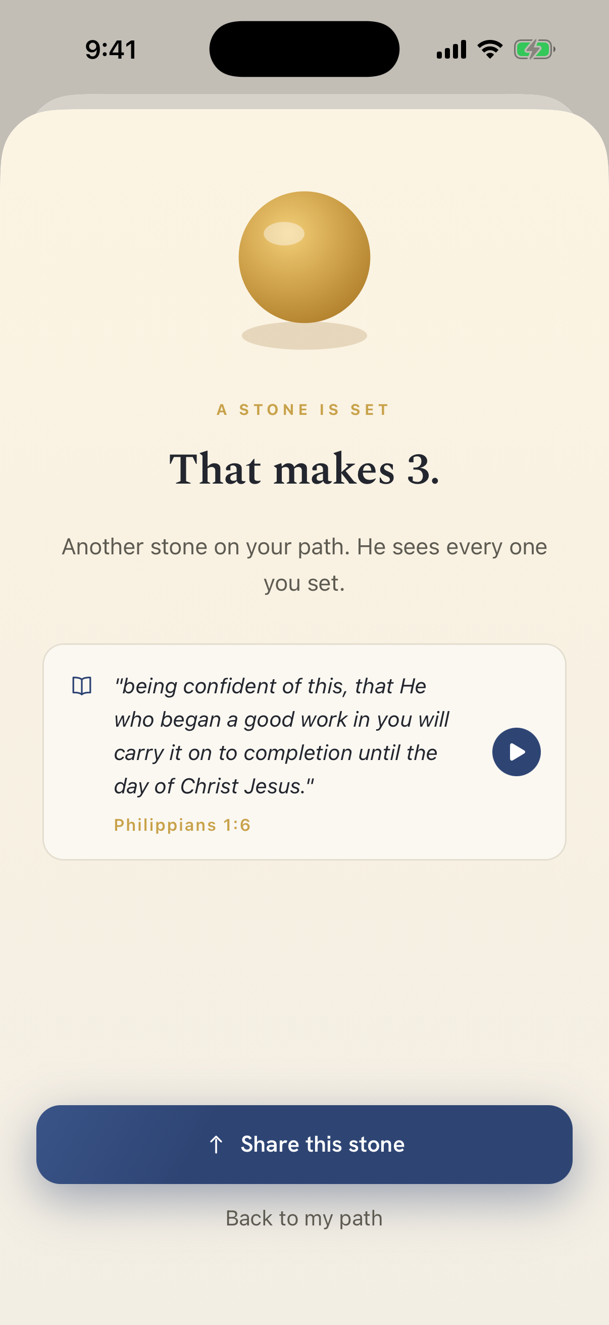 A stone is set — ‘That makes 3,’ with a glowing gold orb and a verse from Philippians 1:6.