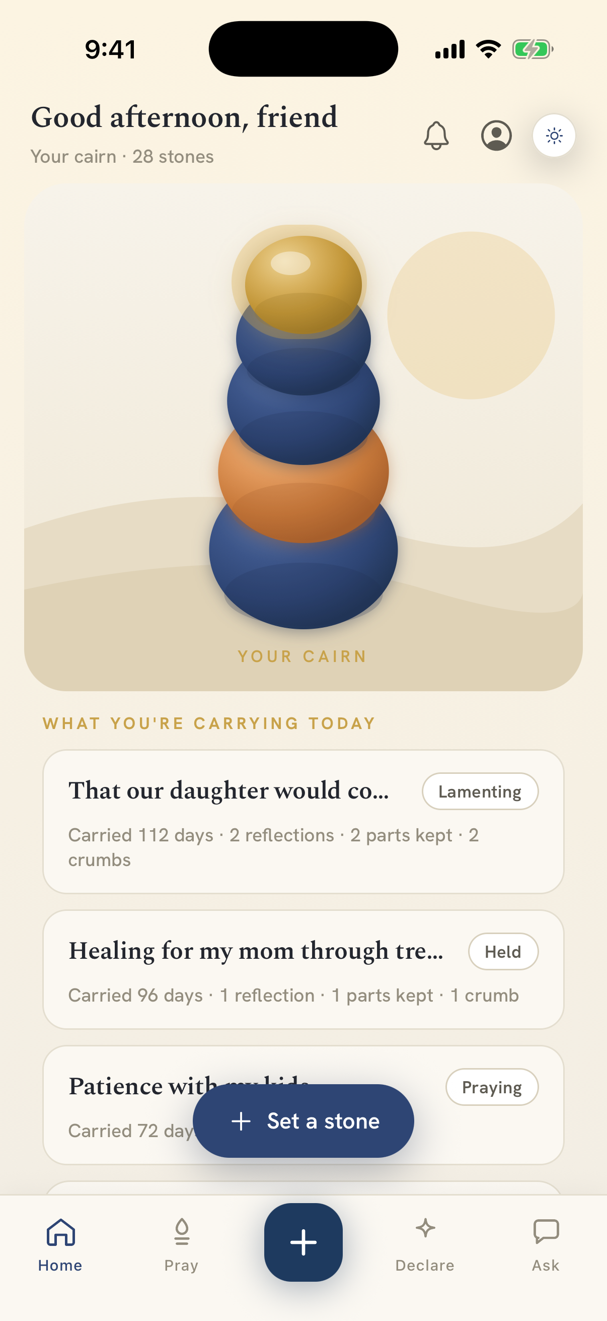 Home — ‘What you’re carrying today’: three carried prayers with posture chips (Lamenting, Held, Praying) and a faithfulness line under each, like ‘Carried 112 days · 2 reflections · 2 parts kept.’
