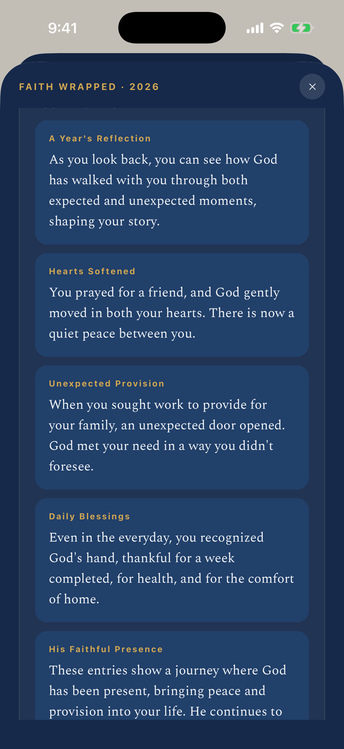 Your testimony — a narrated retrospective of how God has moved, with sections like ‘Hearts softened’ and ‘Unexpected provision.’
