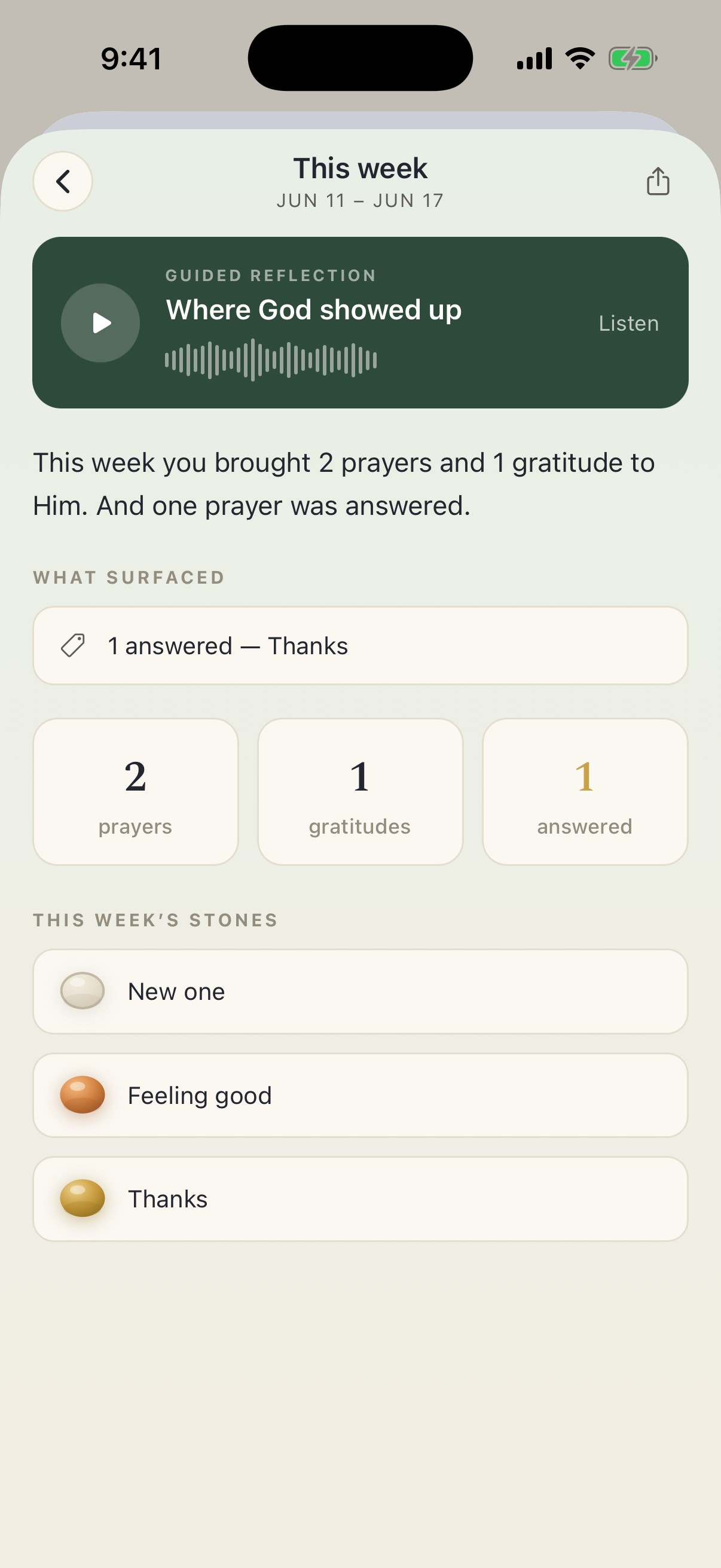 Weekly Reflection — ‘This week,’ a guided audio reflection titled ‘Where God showed up,’ with stats and this week’s stones.